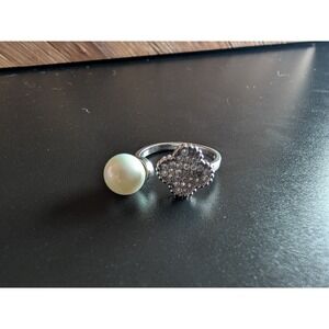 Sterling Silver Ring Clover Pearl CZ Adjustable Open Band Stamped 925 Size 7.5